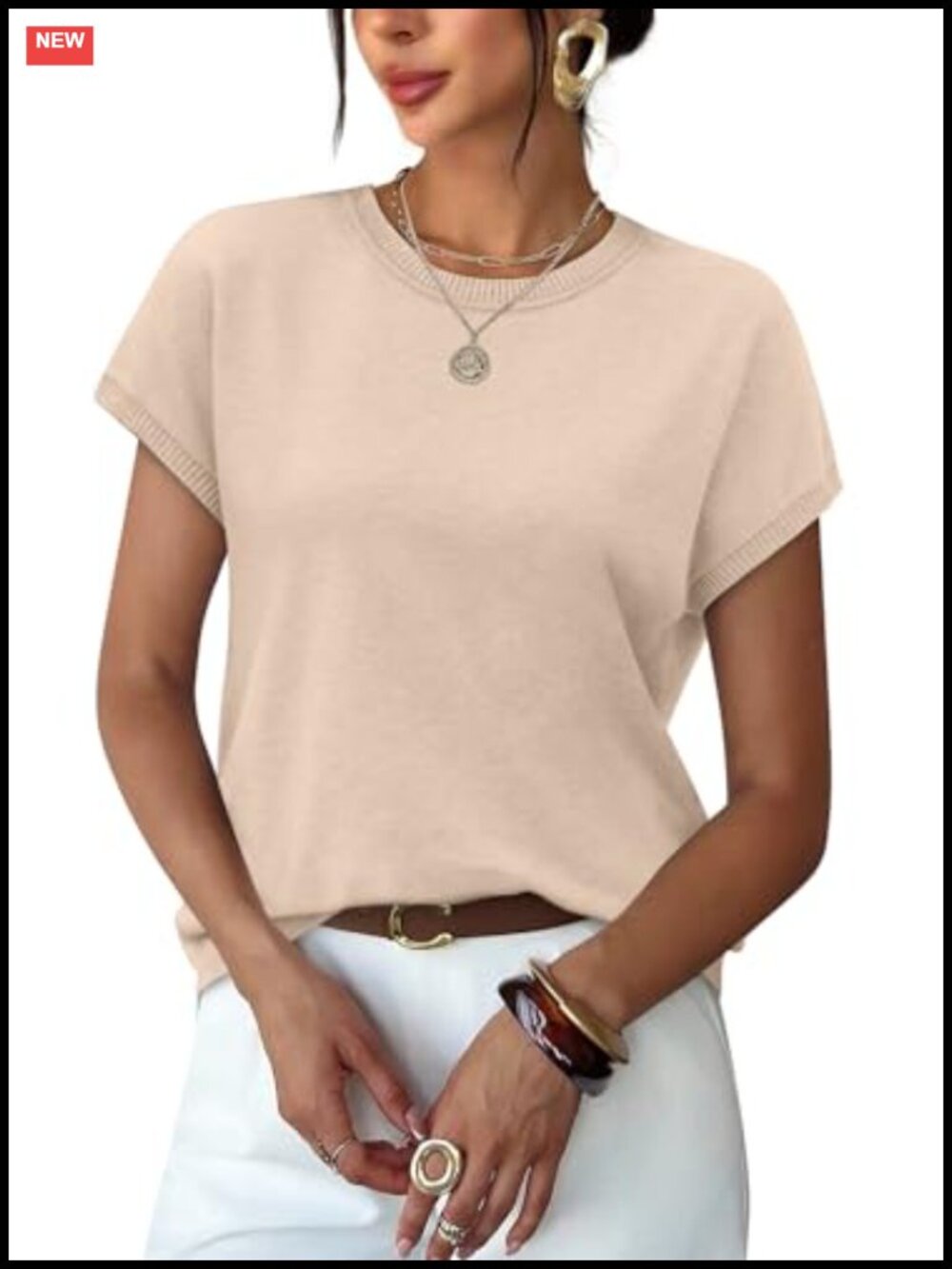 Women's Short Sleeve Knit Sweater Crew Neck Lightweight Pullover Top